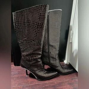 J. Renee High Heel Tall Boots in Metallic Copper Faux Snake Skin Sz 8 EEEUC
